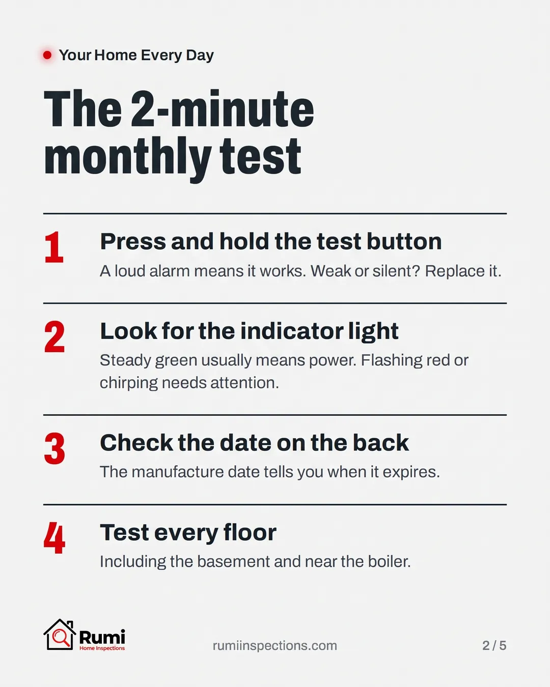Monthly smoke and CO detector test steps: press and hold the test button, check the light, read the date, test every floor